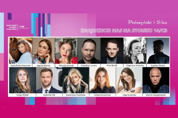 Grafika promocyjna Targów Książki i Mediów Vivelo w barwach różowych, przedstawia zdjęcia wszystkich autorów związanych z wydawnictwem Pruszyński i S-ka, którzy zaprezentują się na targach