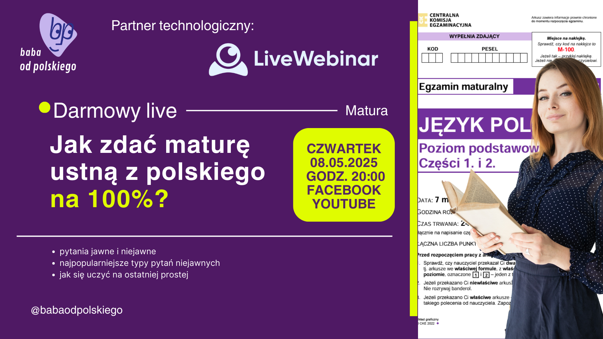 Matura ustna z polskiego – jak zdać na 100 %? / 08.05.2025 o godz. 20:00 [WEBINAR]