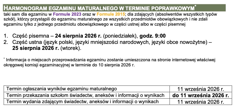 kiedy matura 2026 harmonogram matury 2026 CKE język polski podstawowy matematyka język angielski terminy termin poprawkowy sierpień