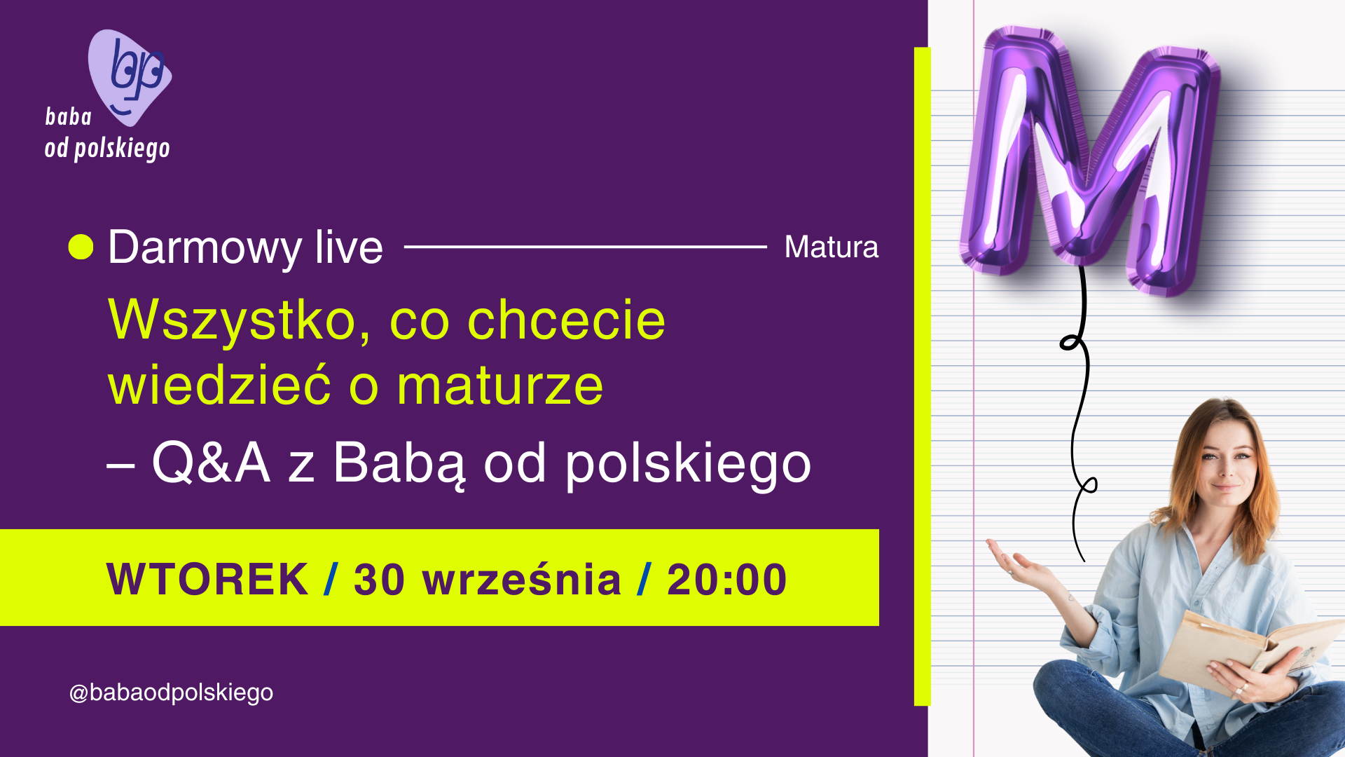 Q&A z Babą od polskiego – matura. Darmowy live, 30 września o godz. 20:00