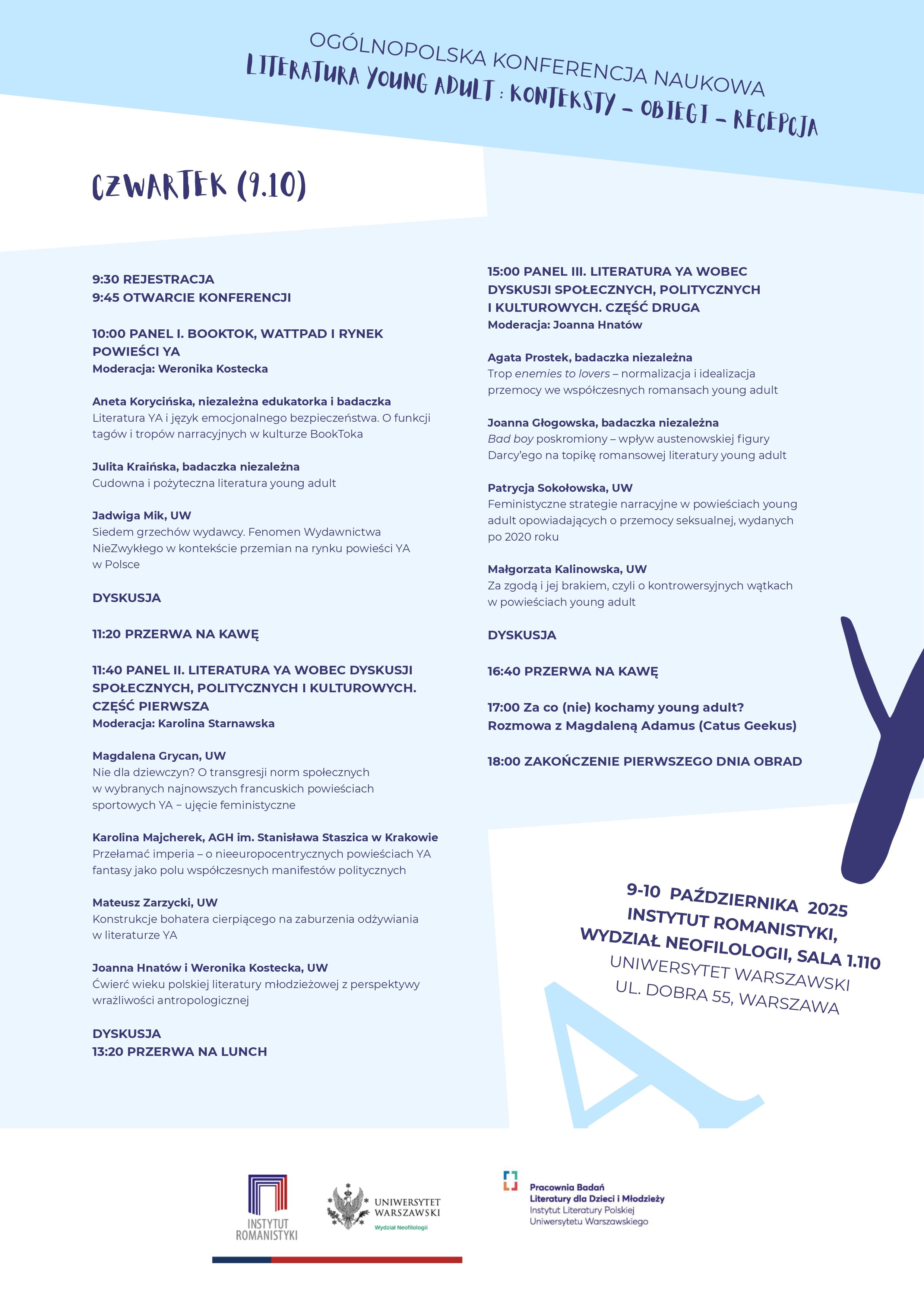 „Literatura Young Adult. Obiegi, konteksty, recepcja” – Ogólnopolska Konferencja Naukowa (9 października 2025)