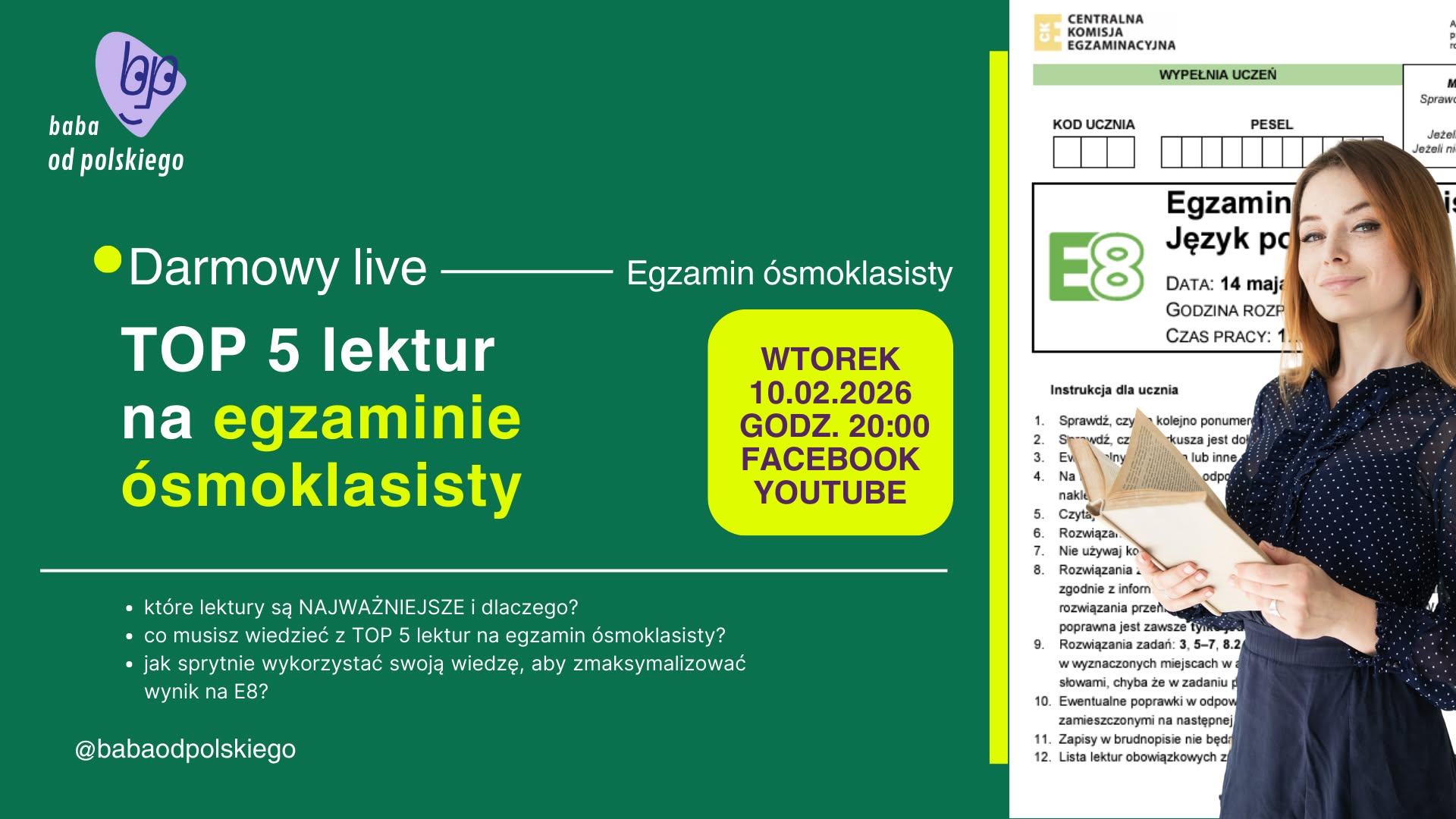 Top 5 lektur na egzaminie ósmoklasisty / DARMOWY WEBINAR / 10.02.2026 o 20:00
