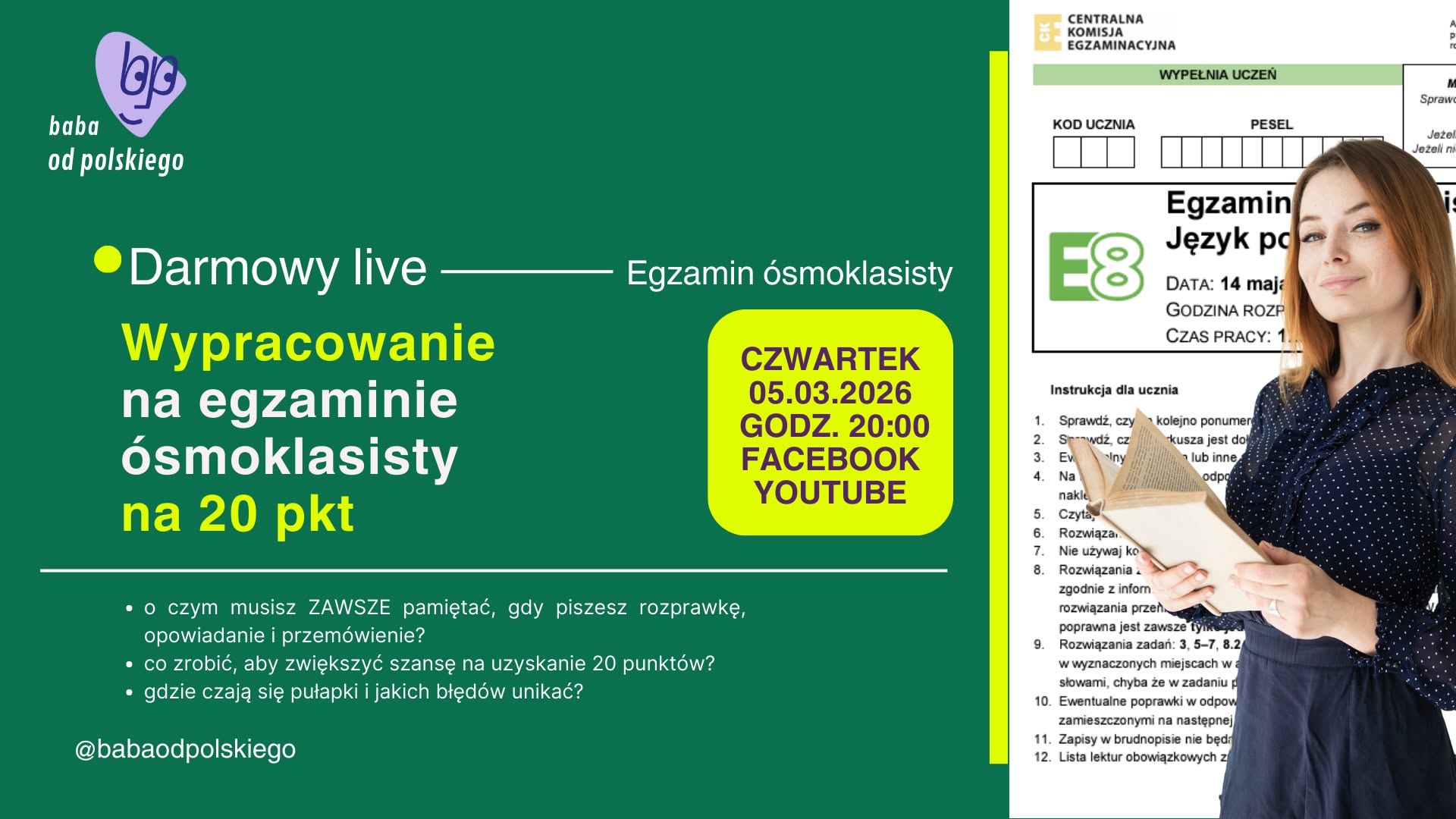 Wypracowanie na egzaminie ósmoklasisty na 20 pkt / DARMOWY WEBINAR / 05.03.2026 o 20:00