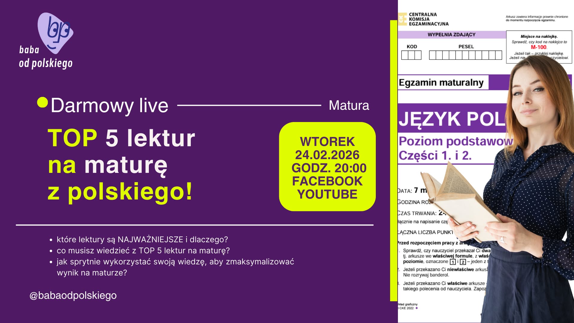 Top 5 lektur na maturę z polskiego / DARMOWY WEBINAR / 24.02.2026 o 20:00