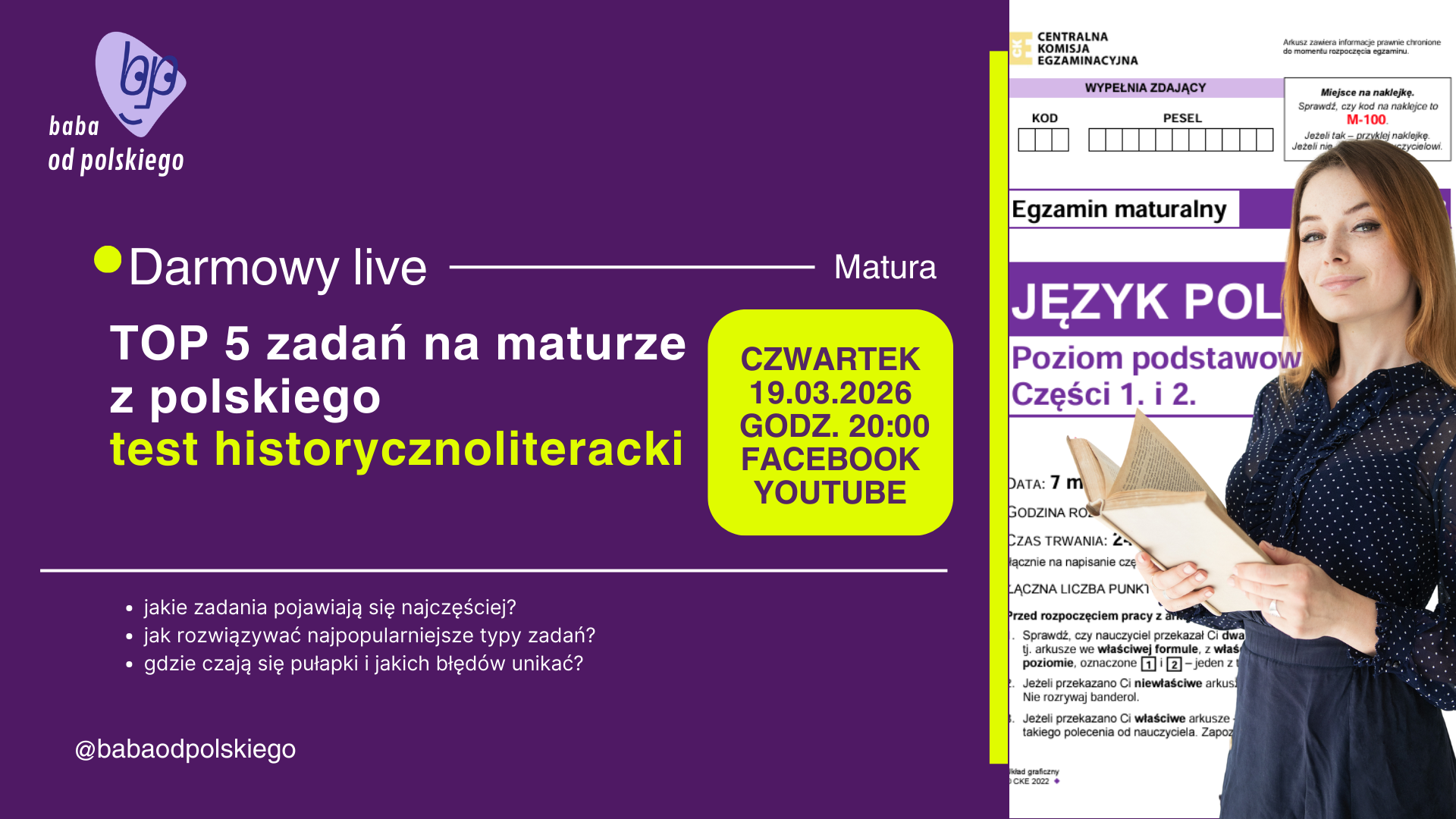 TOP 5 zadań na maturze z polskiego / DARMOWY WEBINAR / 19.03.2026 o 20:00