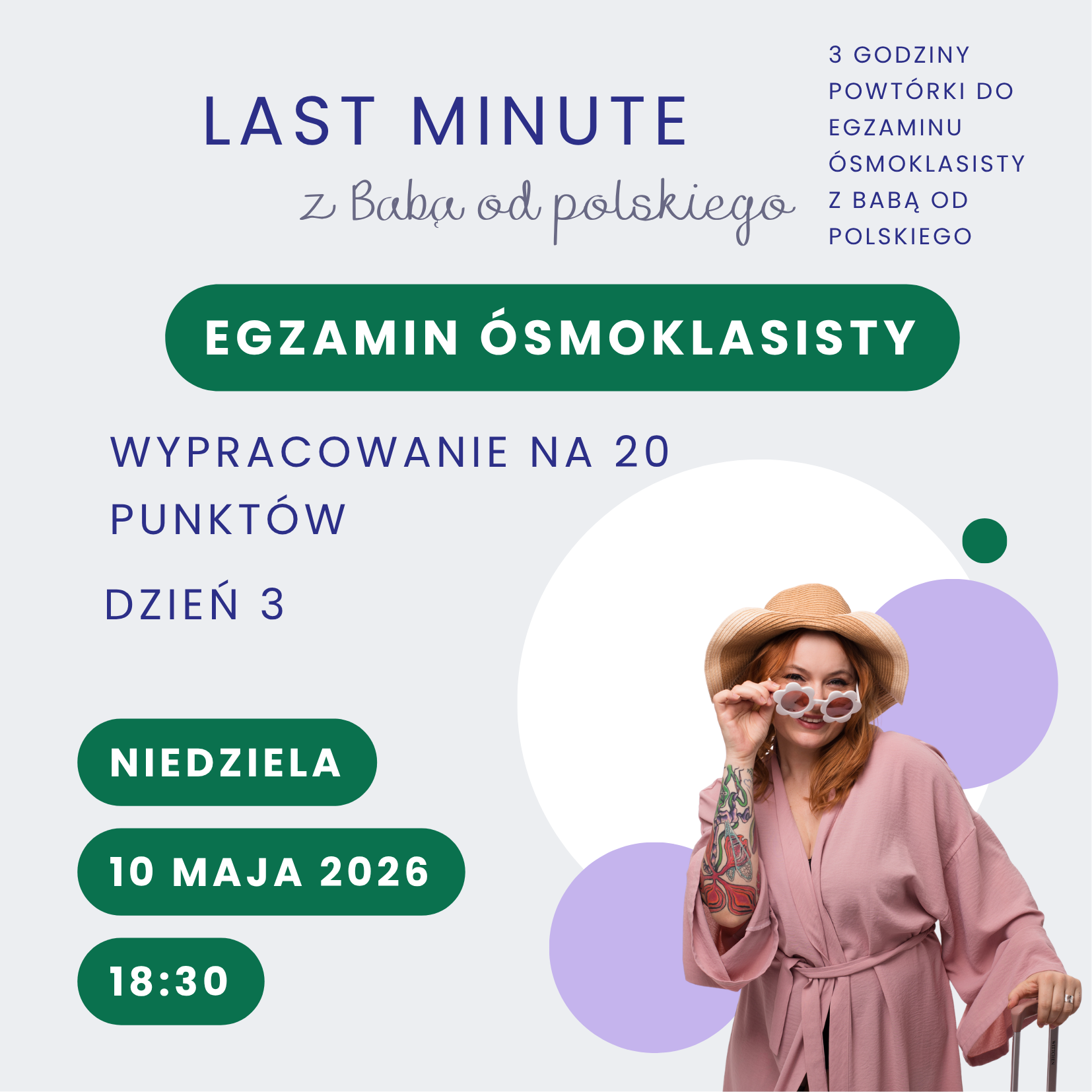 Nagranie z 3. dnia LAST MINUTE z Babą od polskiego – egzamin ósmoklasisty – wypracowanie na 20 punktów (10 maja 2026 r.)