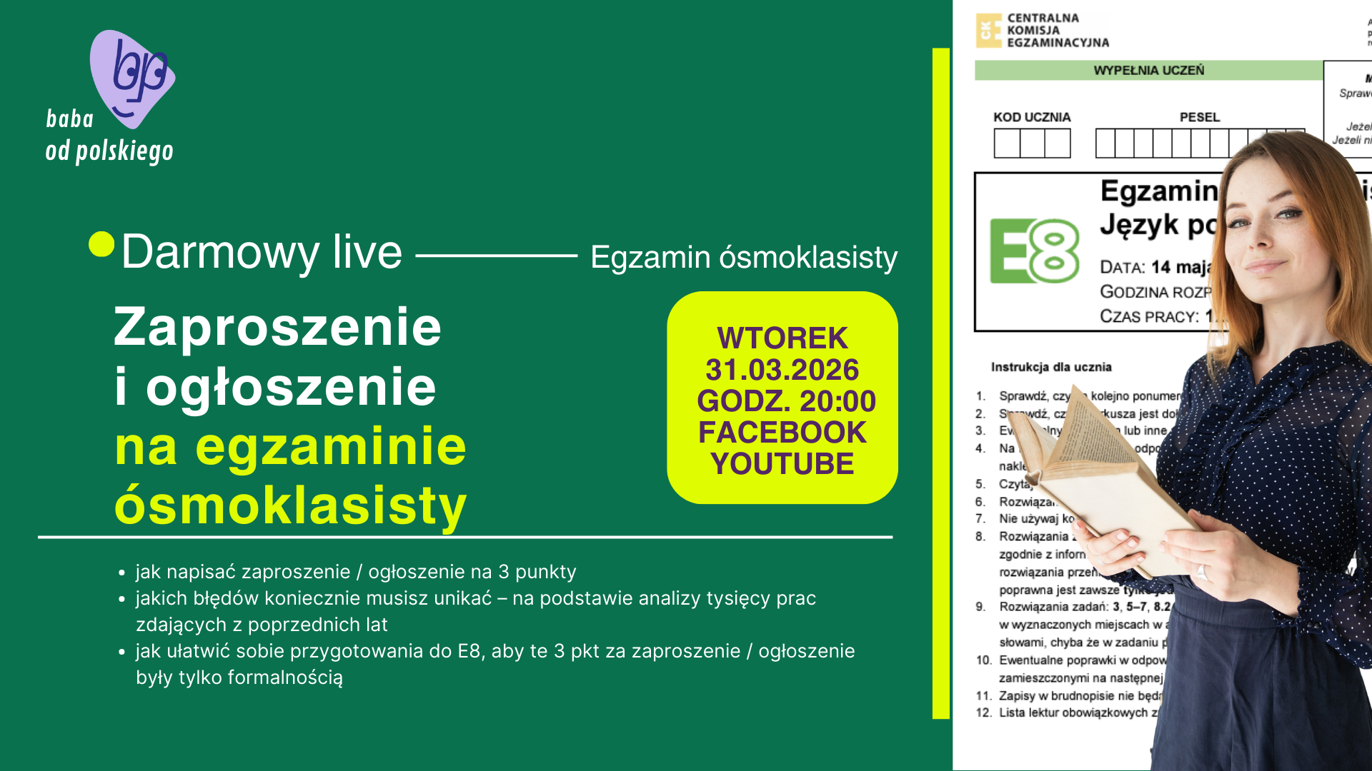 Zaproszenie i ogłoszenie na egzaminie ósmoklasisty / DARMOWY WEBINAR / 31.03.2026 o 20:00