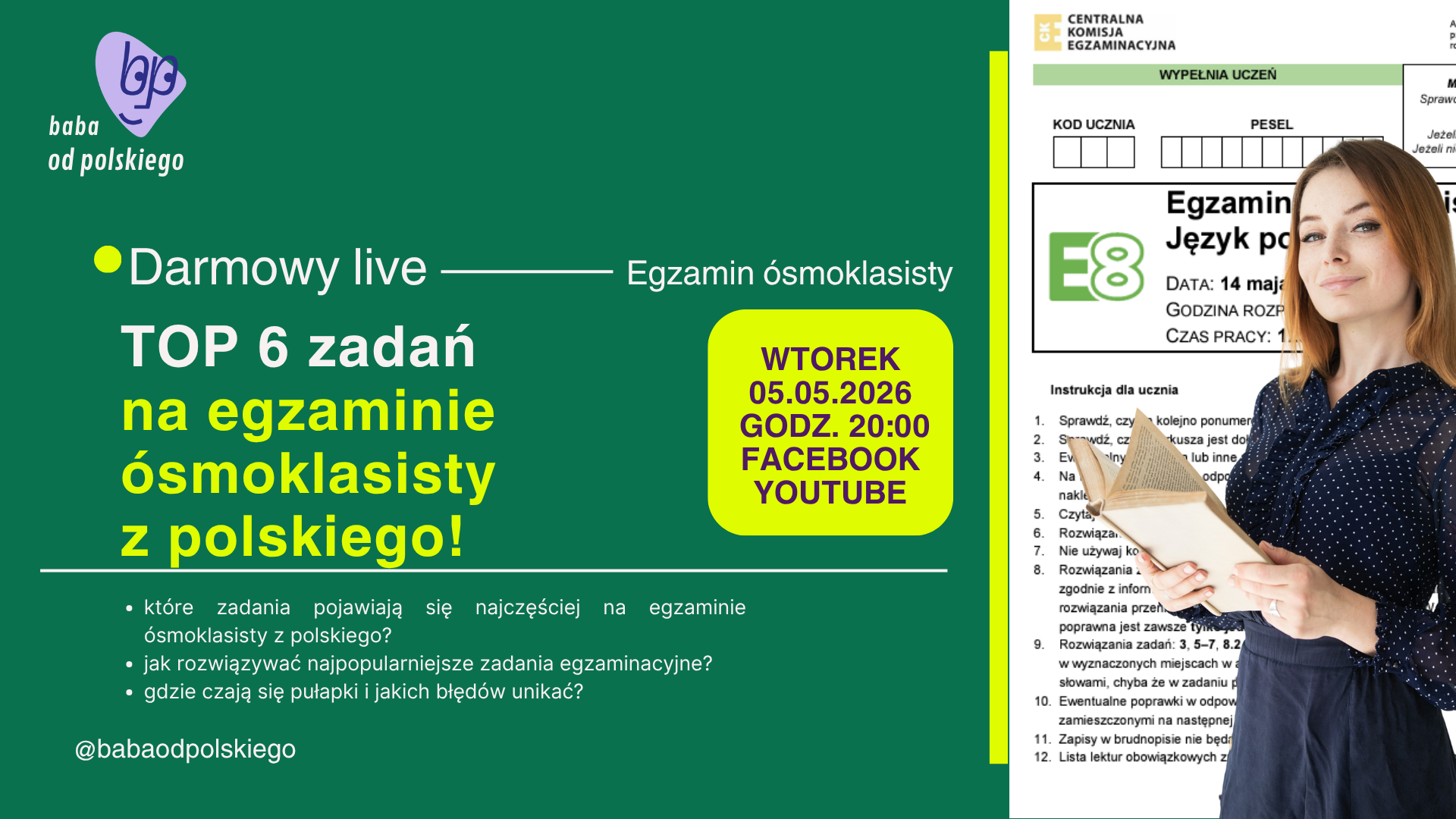 TOP 6 zadań na egzaminie ósmoklasisty z polskiego! / DARMOWY WEBINAR / 05.05.2026