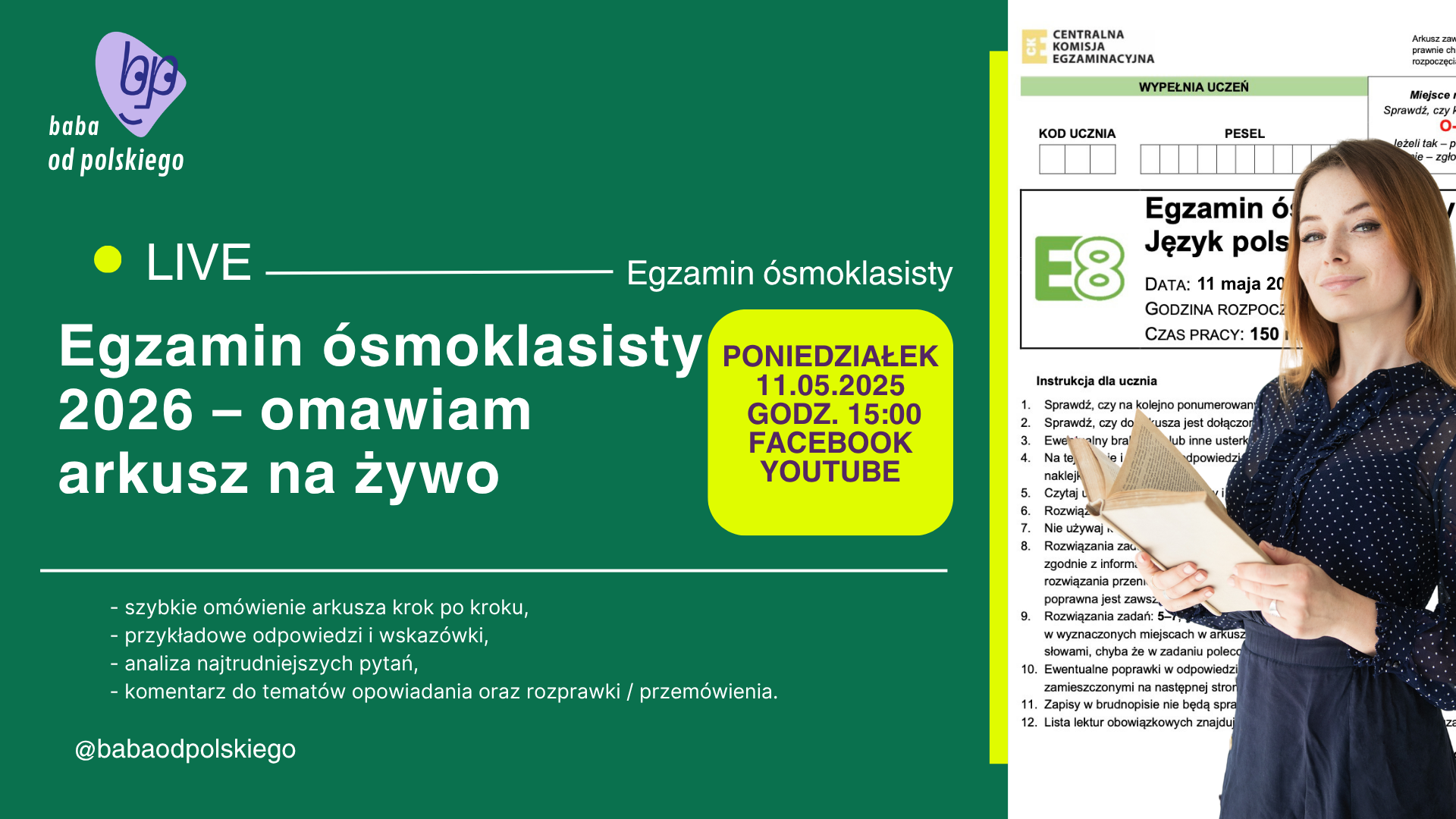 Egzamin ósmoklasisty 2026 – sprawdzam i omawiam na żywo [LIVE] – 11 maja 2026 o godz. 15:00